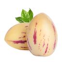 Fresh ripe pepino melons and green leaves on white background