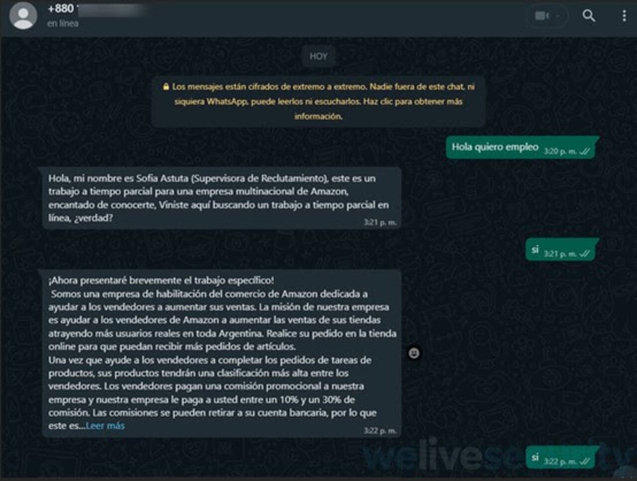 Conversación con la supuesta reclutadora de Amazon.