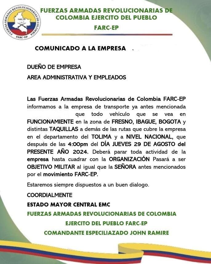 Estos son los panfletos que están llegando a los negocios en municipios de Tolima, firmados por las disidencias de las Farc.