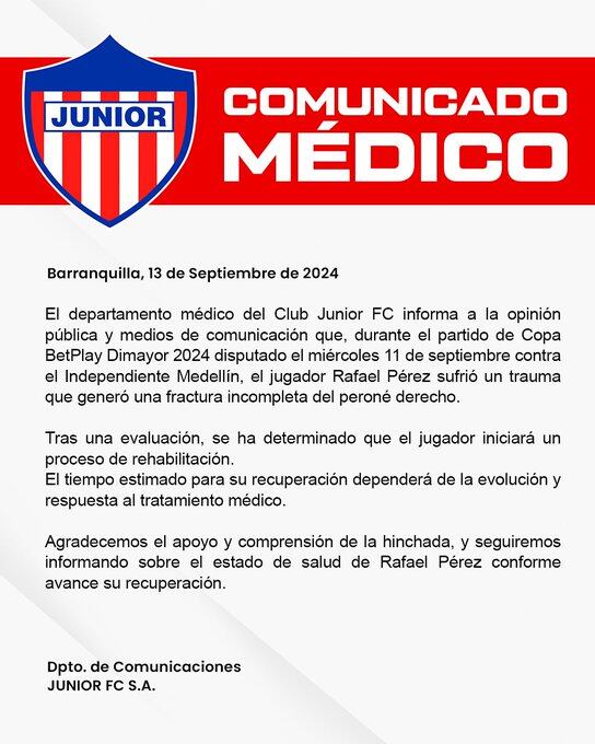 Parte médico de Junior de Barranquilla sobre la lesión de Rafa Pérez en septiembre de 2024.