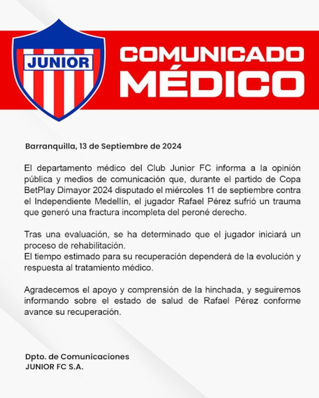 Parte médico de Junior de Barranquilla sobre la lesión de Rafa Pérez en septiembre de 2024.