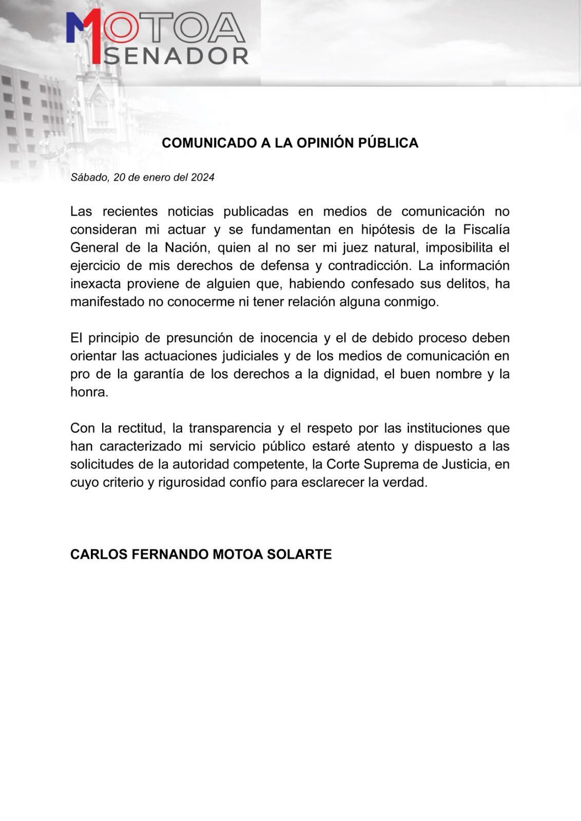 Comunicado senador Carlos Fernando Motoa