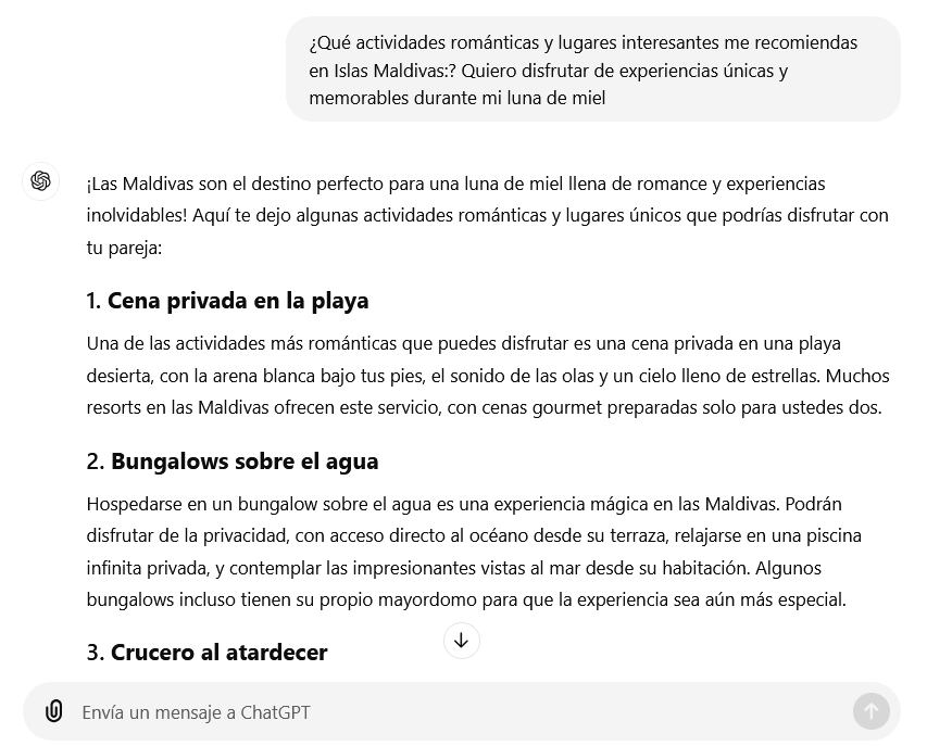 Gracias a ChatGPT, las parejas pueden planificar actividades y explorar atracciones en su destino de luna de miel. Esta IA ofrece sugerencias personalizadas basadas en los intereses de los viajeros, asegurando que cada día sea especial.