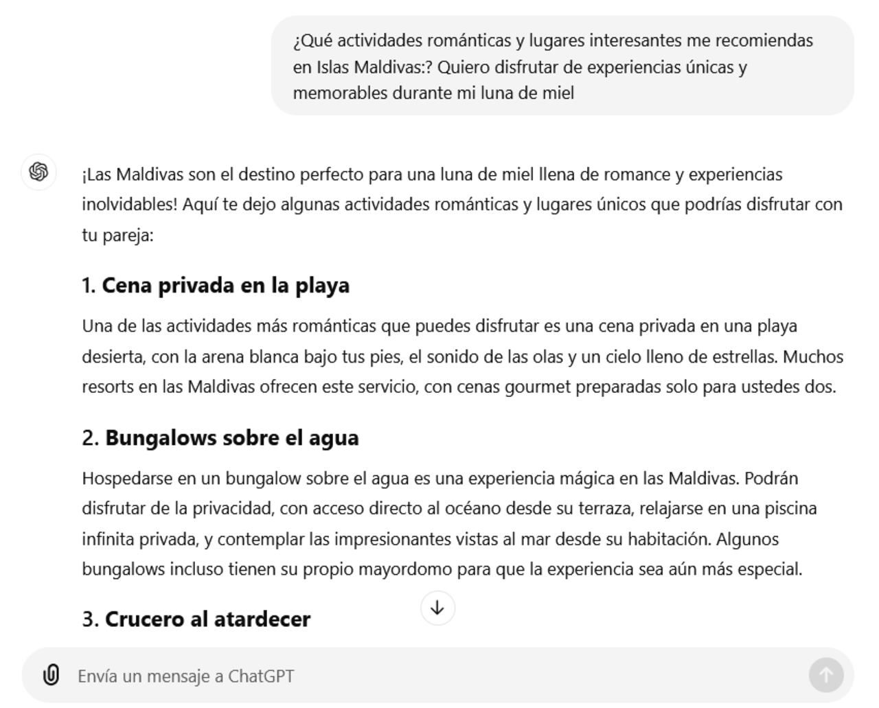 Gracias a ChatGPT, las parejas pueden planificar actividades y explorar atracciones en su destino de luna de miel. Esta IA ofrece sugerencias personalizadas basadas en los intereses de los viajeros, asegurando que cada día sea especial.