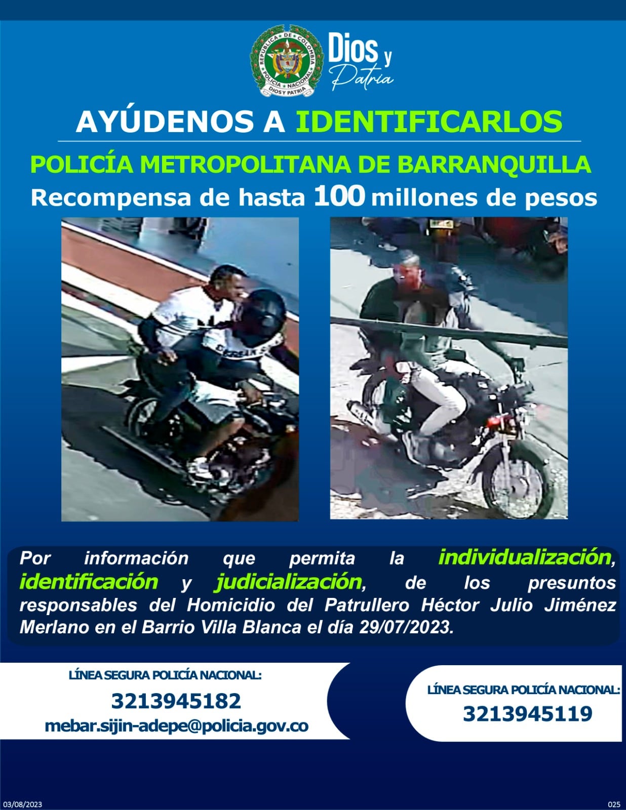 Publican cartel de presuntos asesinos de un Policía en Barranquilla.