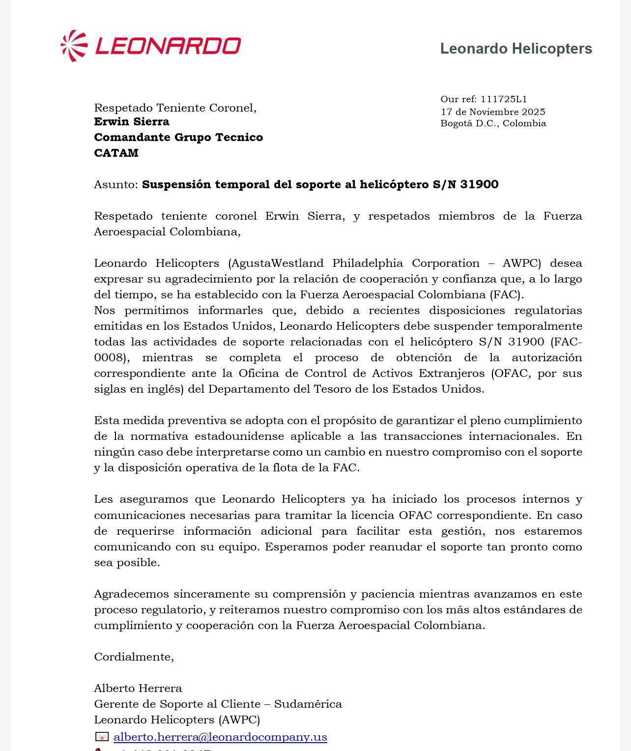 Carta de Leonardo Helicopters