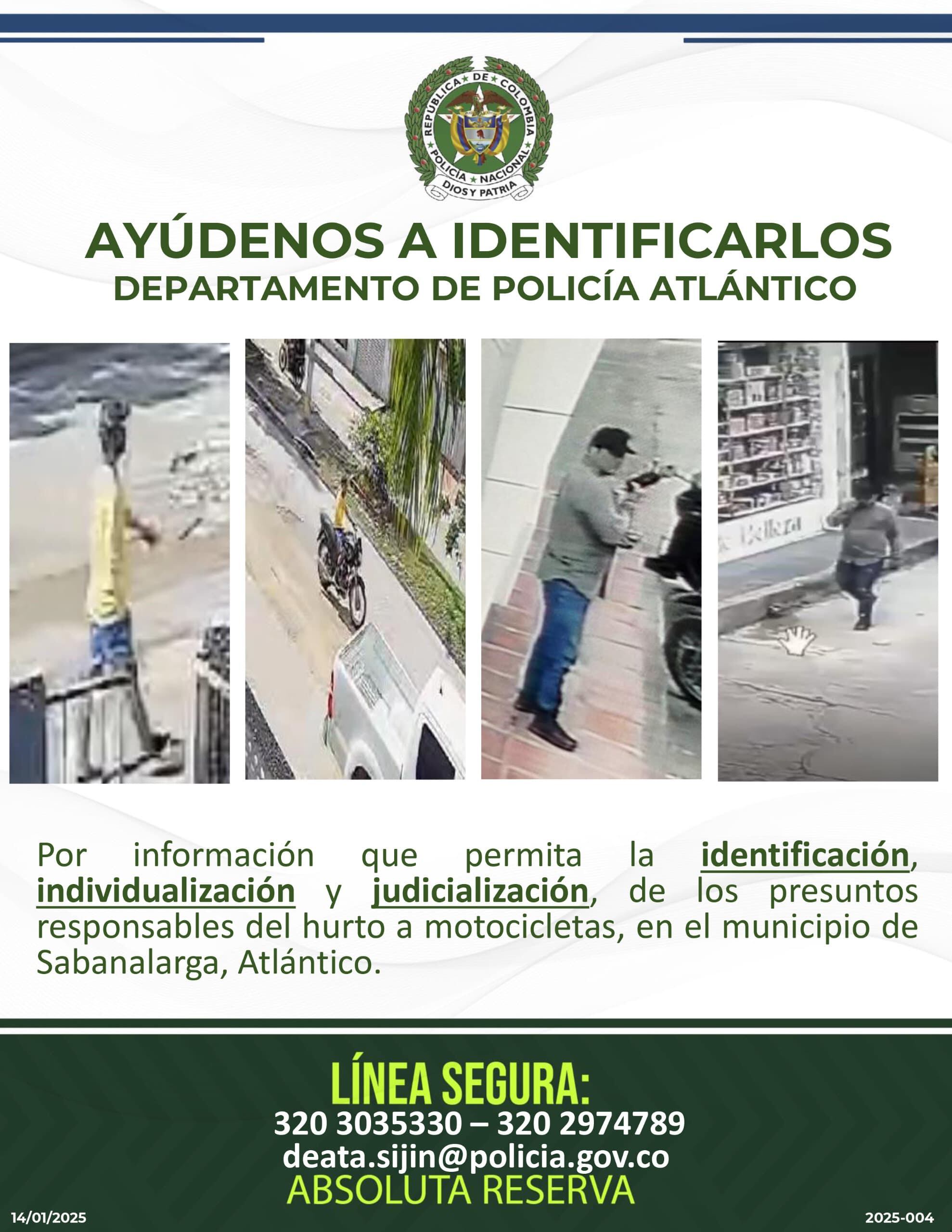 Cartel de los más buscados por robo de motos en Sabanalarga, Atlántico.
