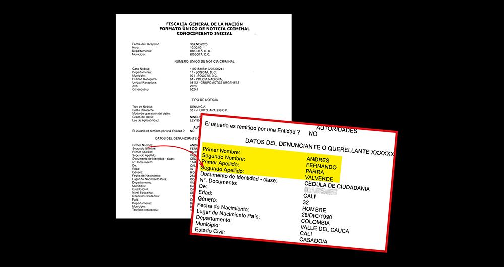  Esta es la primera denuncia que hizo Andrés Parra, esposo de Laura Sarabia, sobre el robo. La diligencia la hicieron en su apartamento.