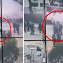 En cámara quedó registrado cuando el patrullero del Esmad fue herido con 'papa bomba'.