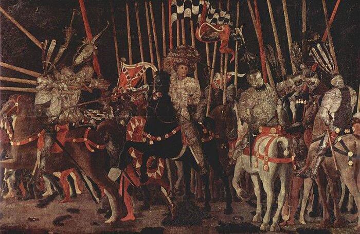 Estos guerreros esperando el asalto hacen parte de la última pieza del tríptico "La batalla de San Romano", obra del pintor italiano Paolo Uccello. Las tres partes de la obra se encuentran divididas en la National Gallery de Londres, el Louvre de París y la Galería de los Uffizi de Florencia. 
