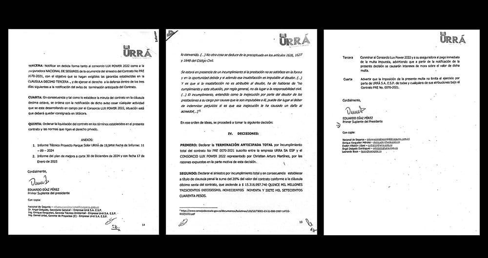 Luego de tres otrosíes, compromisos y una multa millonaria, el incumplimiento del consorcio se mantuvo, por lo que Urrá tomó la decisión de terminar el contrato.