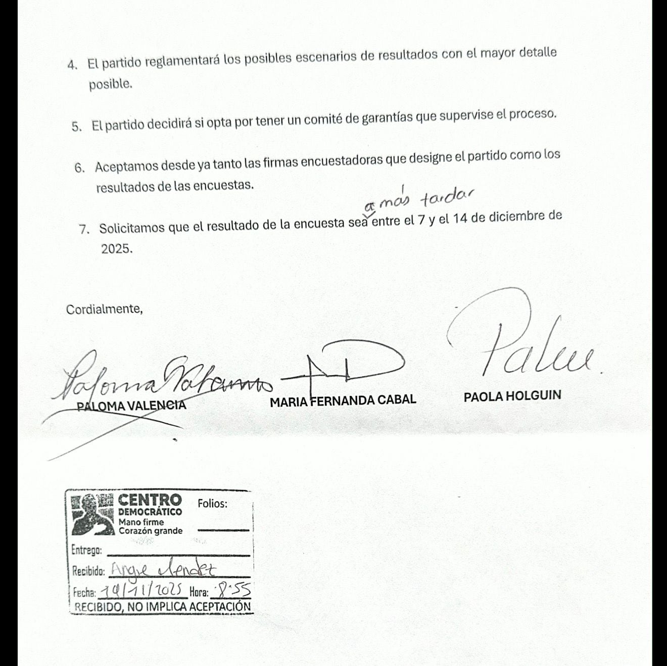 María Fernanda Cabal, Paloma Valencia y Paola Holguín aceptaron las reglas de juego del mecanismo de escogencia del candidato único a la presidencia del Centro Democrático.