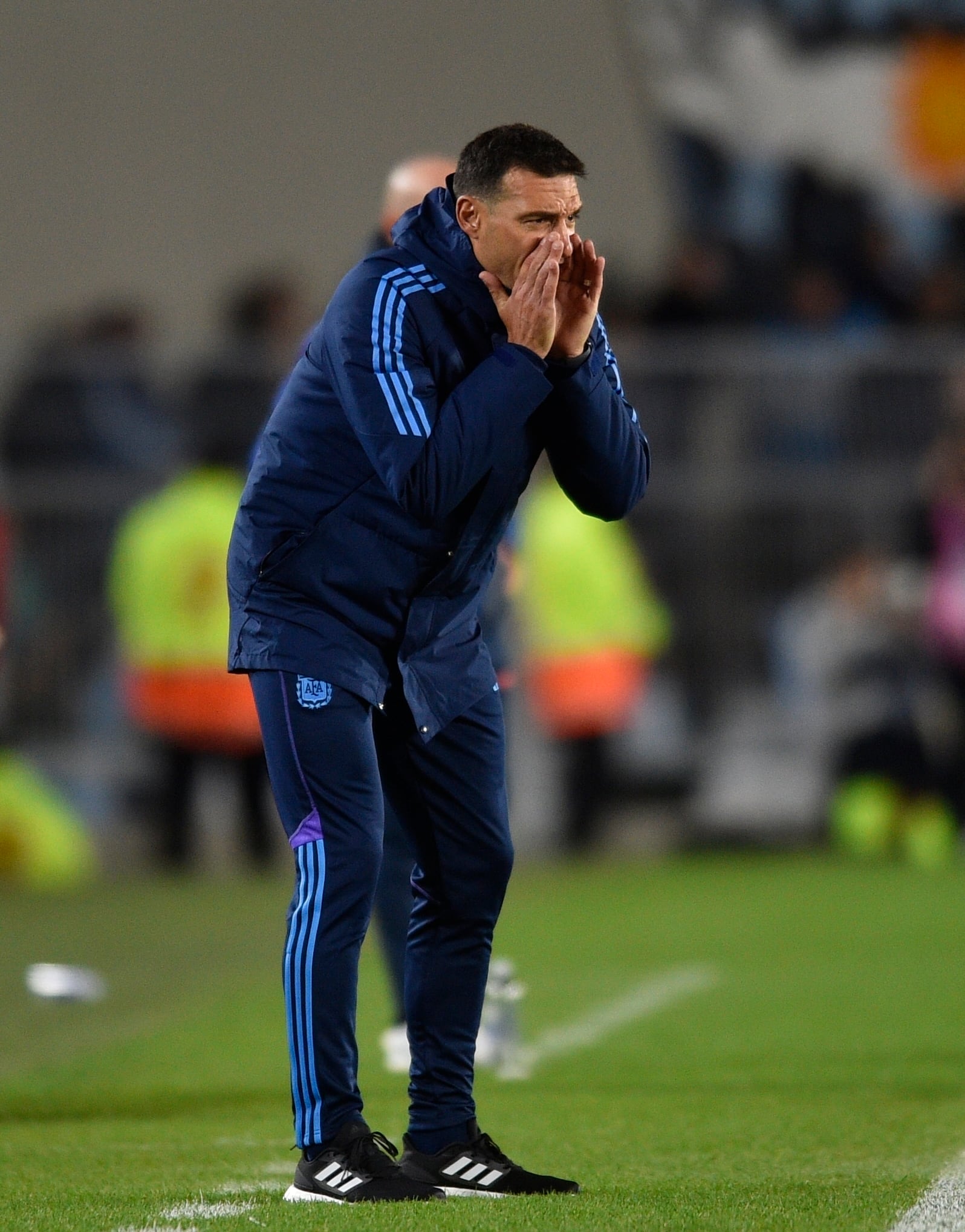 Argentina's coach Lionel Scaloni, gives directions to his players during a qualifying soccer match against Ecuador for the FIFA World Cup 2026, at Monumental stadium in Buenos Aires, Argentina, Thursday, Sept. 7, 2023. (AP Photo/Gustavo Garello)