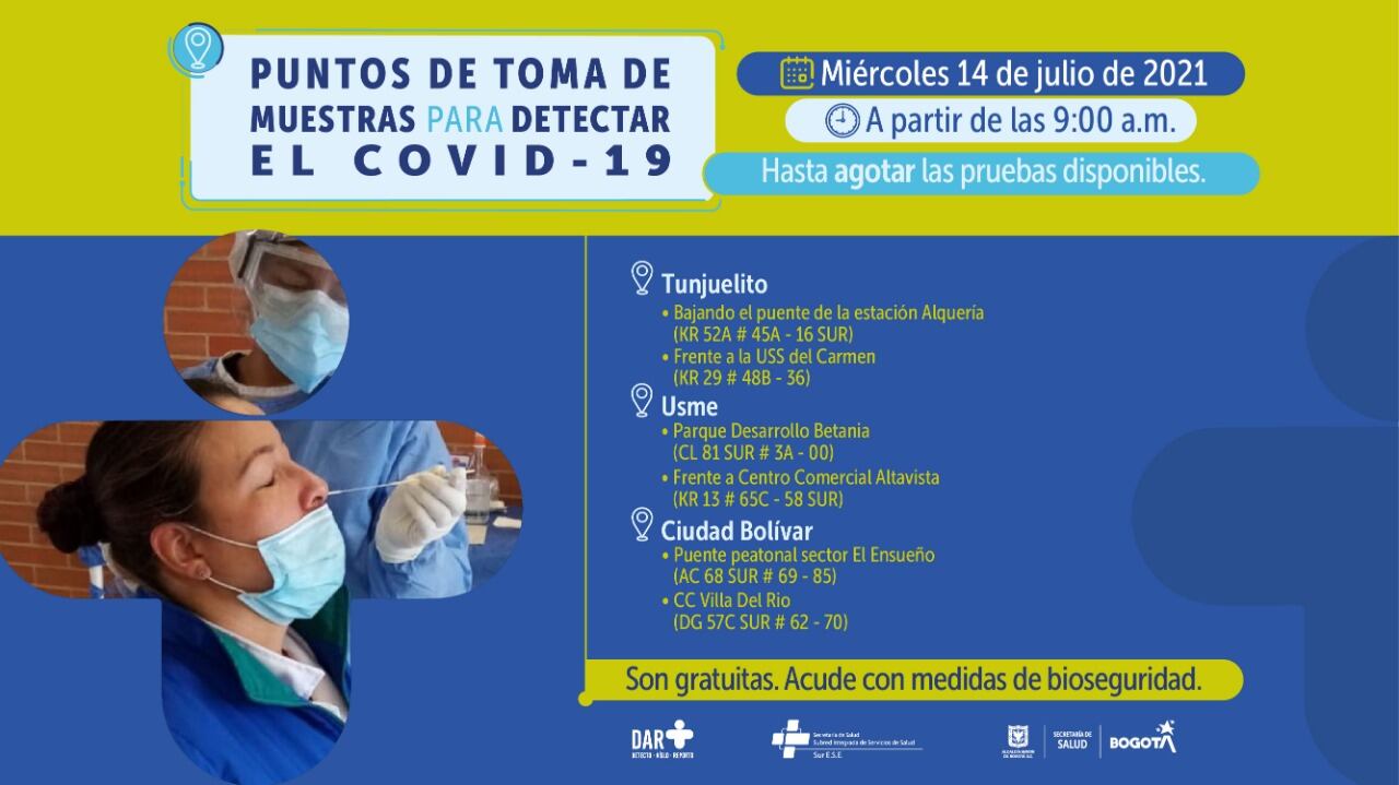 Pruebas gratis de COVID-19 en Bogotá hoy 14 de julio