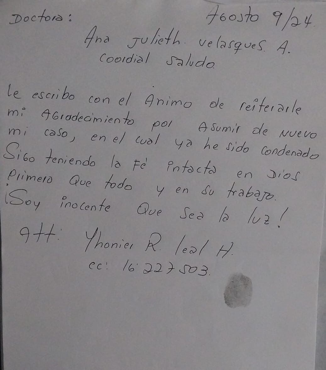 Esta fue la carta escrita por Yhonier Leal desde la prisión en la que le agradeció a su abogada por retomar su defensa en medio del proceso en su contra.