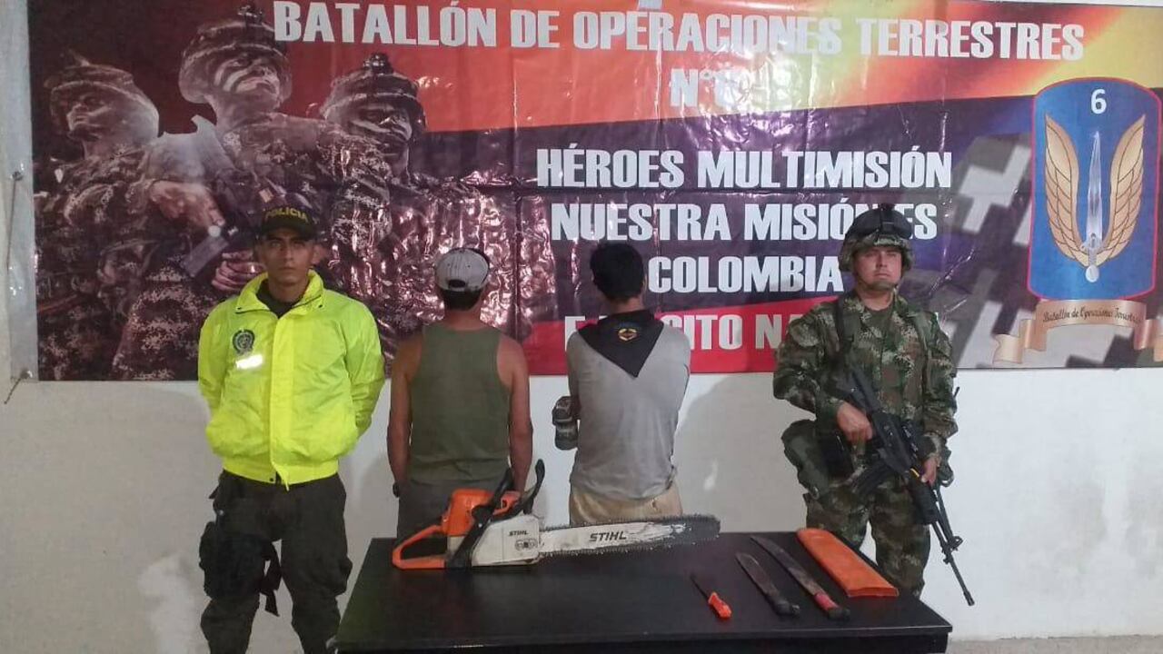 La Fuerza de Tarea Conjunta Omega capturó a cinco personas por realizar talas indiscriminadas en los Parques Nacionales Naturales Serranía de La Macarena y Tinigüa, Foto: Ejército Nacional.