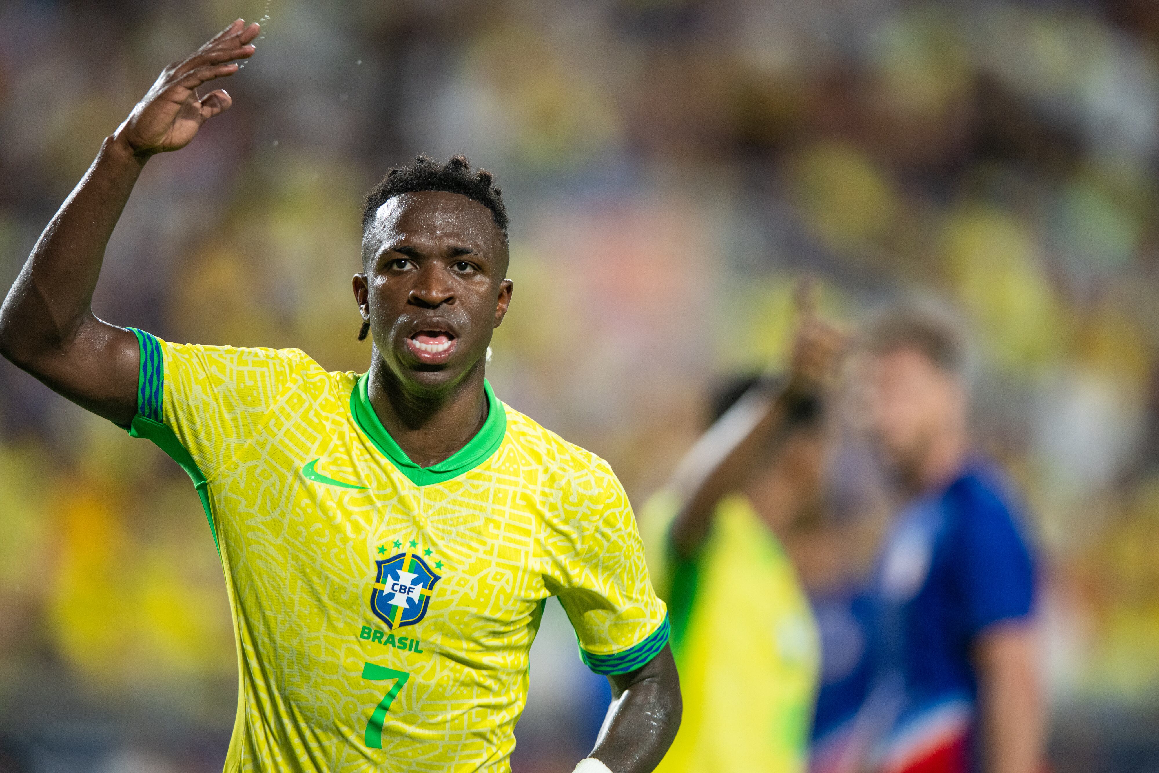 ORLANDO, FL - JUNE 12: Vinicius Junior #7 of Brazil gets the fans excited during an international friendly game between Brazil and USMNT at Camping World Stadium on June 12, 2024 in Orlando, Florida. (Photo by Jeremy Reper/ISI Photos/Getty Images)