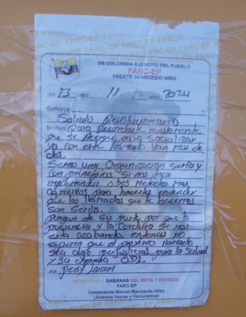 Con estos panfletos, las disidencias del frente 39 intimidaban a sus víctimas de extorsión en el Meta.