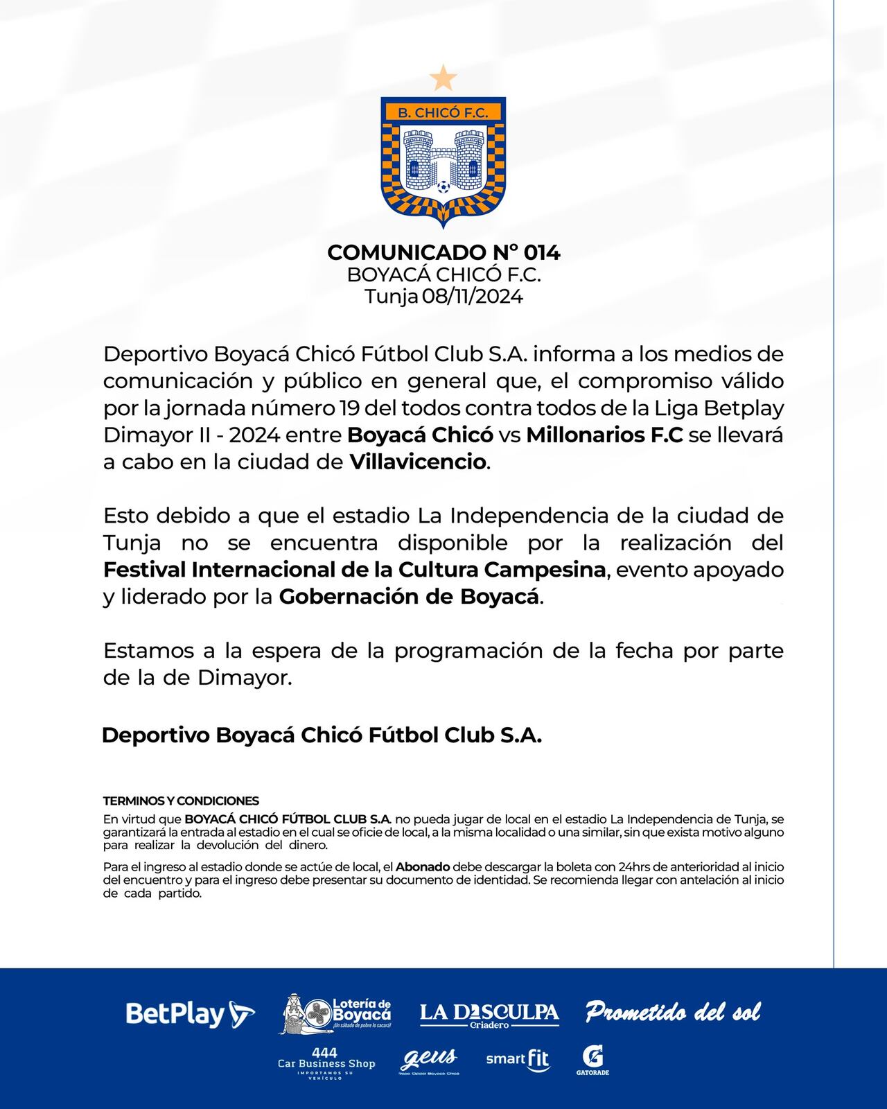 Comunicado oficial del Boyacá Chicó para el partido contra Millonarios.