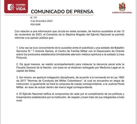 El Ejército confirmó investigación disciplinaria contra el sargento que agredió verbalmente a una mujer soldado en batallón de Villavicencio.