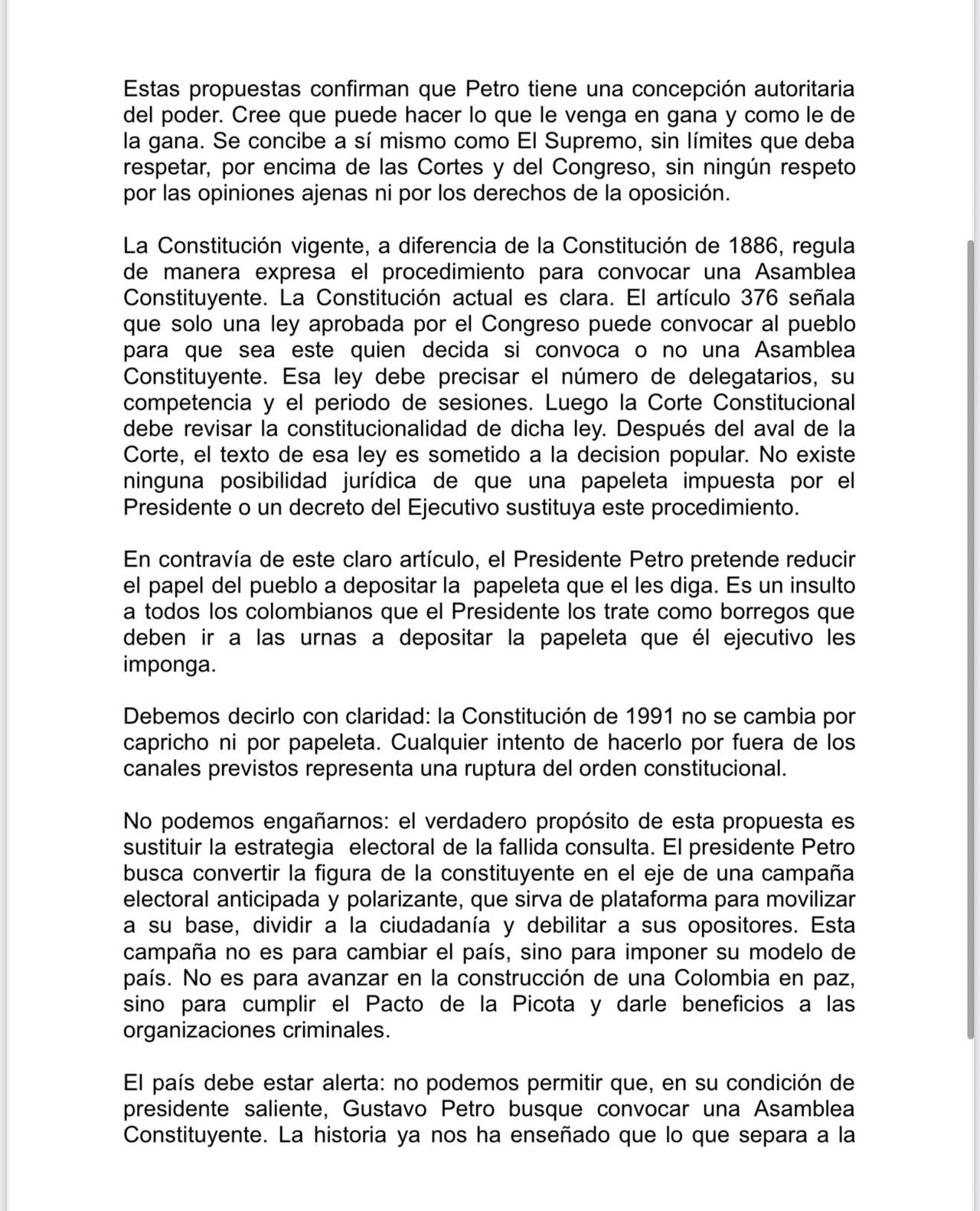 Comunicado del expresidente César Gaviria sobre evento de Petro en la Alpujarra.