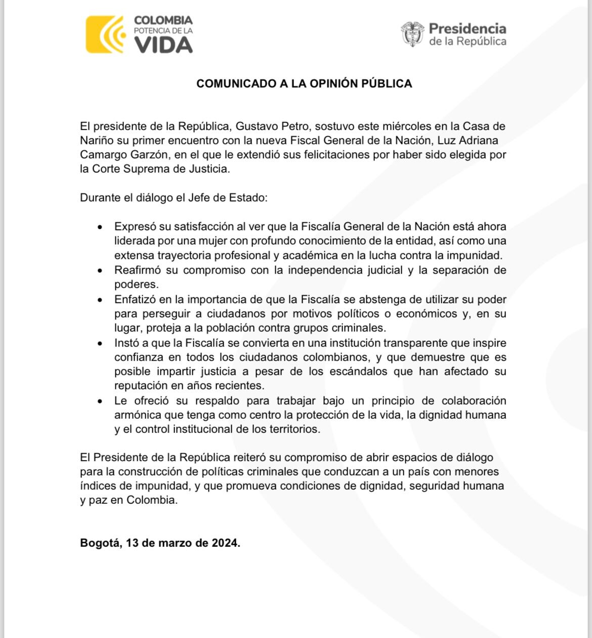 Comunicado Casa de Nariño