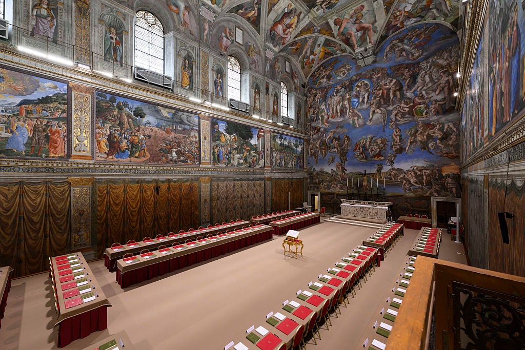 The Sistine Chapel prepared for the conclave in which the new Pope will be elected. Vatican City, May 6th, 2025. (Photo by Vatican Media/Pool/GG/Mondadori Portfolio via Getty Images)
