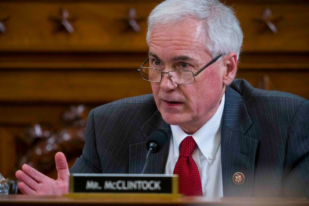 WASHINGTON, DC - DECEMBER 09: Rep. Tom McClintock (R-CA) questions Intelligence Committee Minority Counsel Stephen Castor and Intelligence Committee Majority Counsel Daniel Goldman during House impeachment inquiry hearings before the House Judiciary Committee on Capitol Hill December 9, 2019 in Washington, DC. The hearing is being held for the Judiciary Committee to formally receive evidence in the impeachment inquiry of President Donald Trump, whom Democrats say held back military aid for Ukraine while demanding they investigate his political rivals. The White House declared it would not participate in the hearing. (Photo by Doug Mills-Pool/Getty Images)