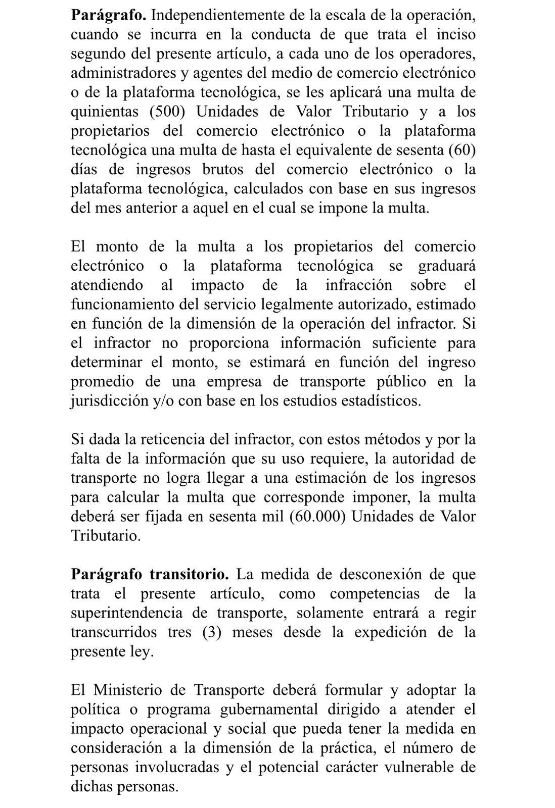 Fragmento del borrador del proyecto de ley sobre la regulación de las plataformas de transporte.
