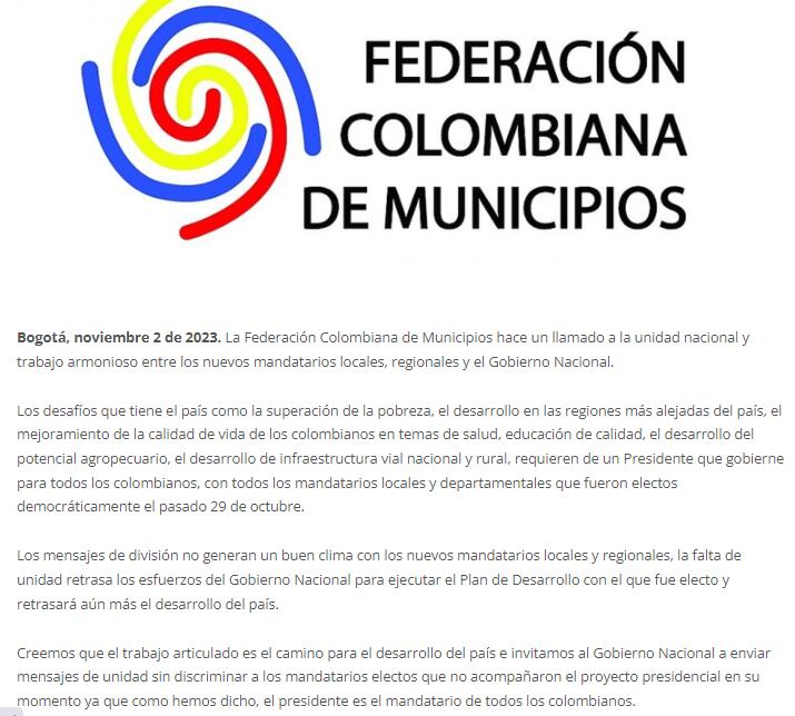 Comunicado de Fedemunicipios en el que hace un llamado al presidente Gustavo Petro