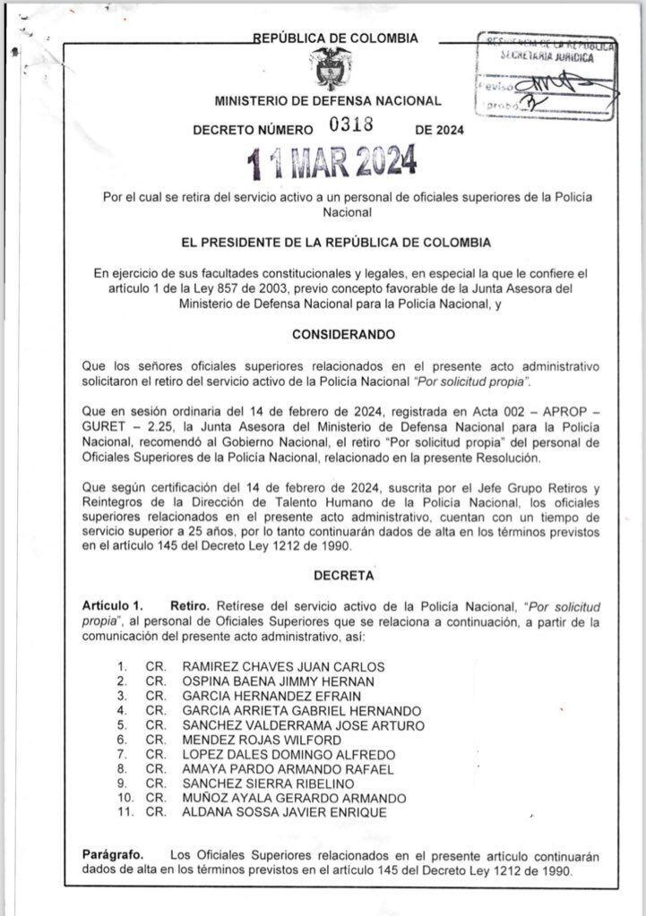 Once coroneles decidieron pedir el retiro de la Policía.