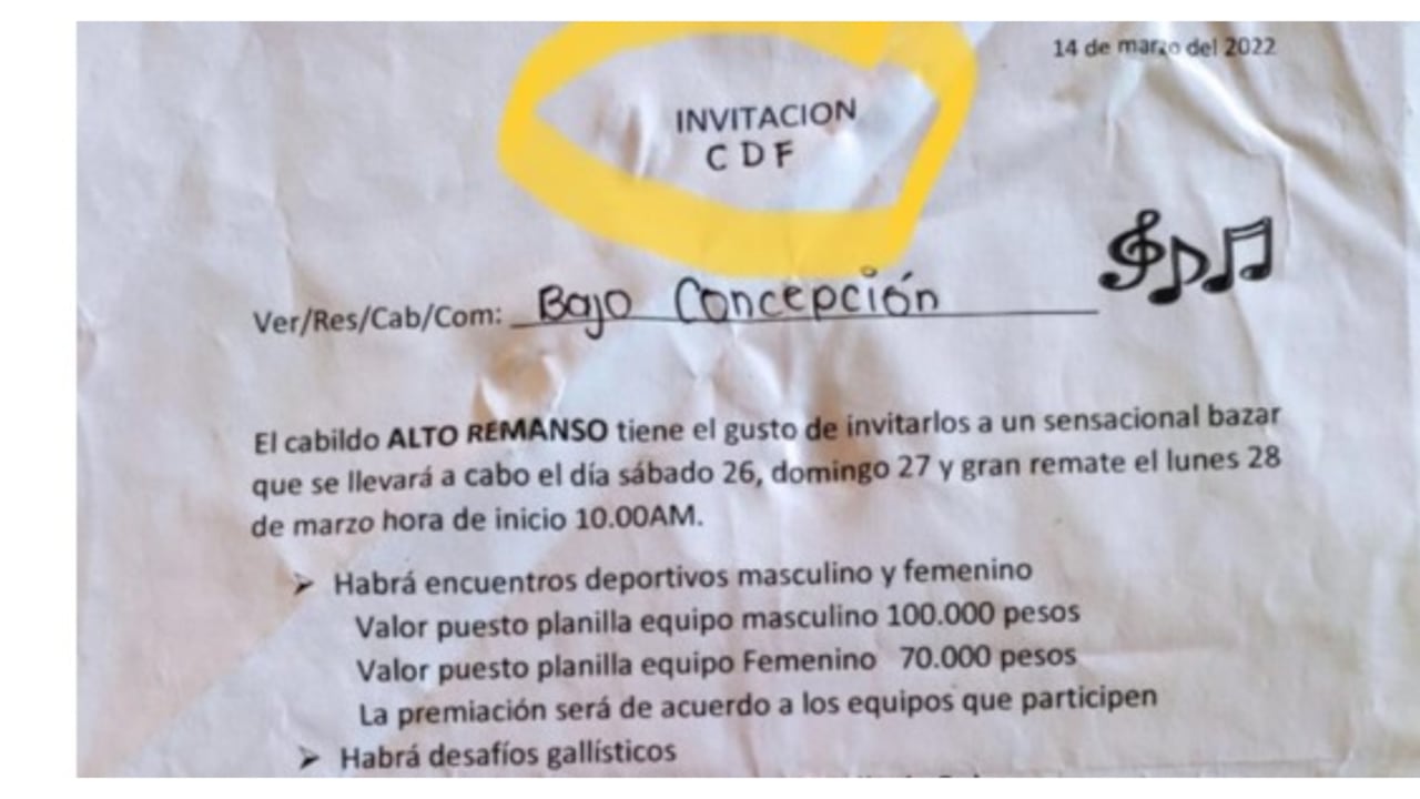 Esta era la invitación al bazar. Las siglas CDF, según los investigadores, hacen referencia al Comando de Frontera, como se conoce al frente 48 de las disidencias de las Farc que operan en el Putumayo.