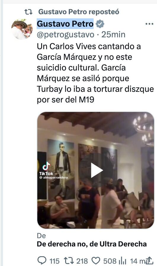 El presidente Gustavo Petro se pronunció sobre el controversial verso que cantó Carlos Vives junto a Silvestre Dangond. La publicación fue borrada.