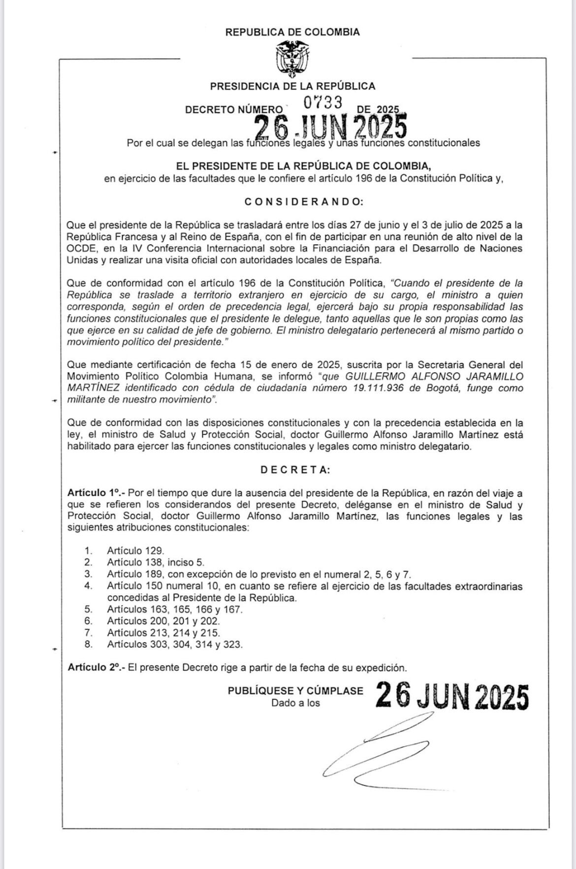 Decreto viaje presidente Gustavo Petro