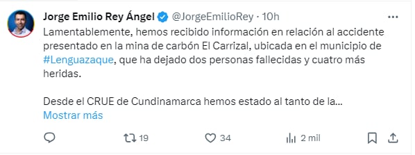 El gobernador Jorge Emilio Rey reaccionó a la tragedia.