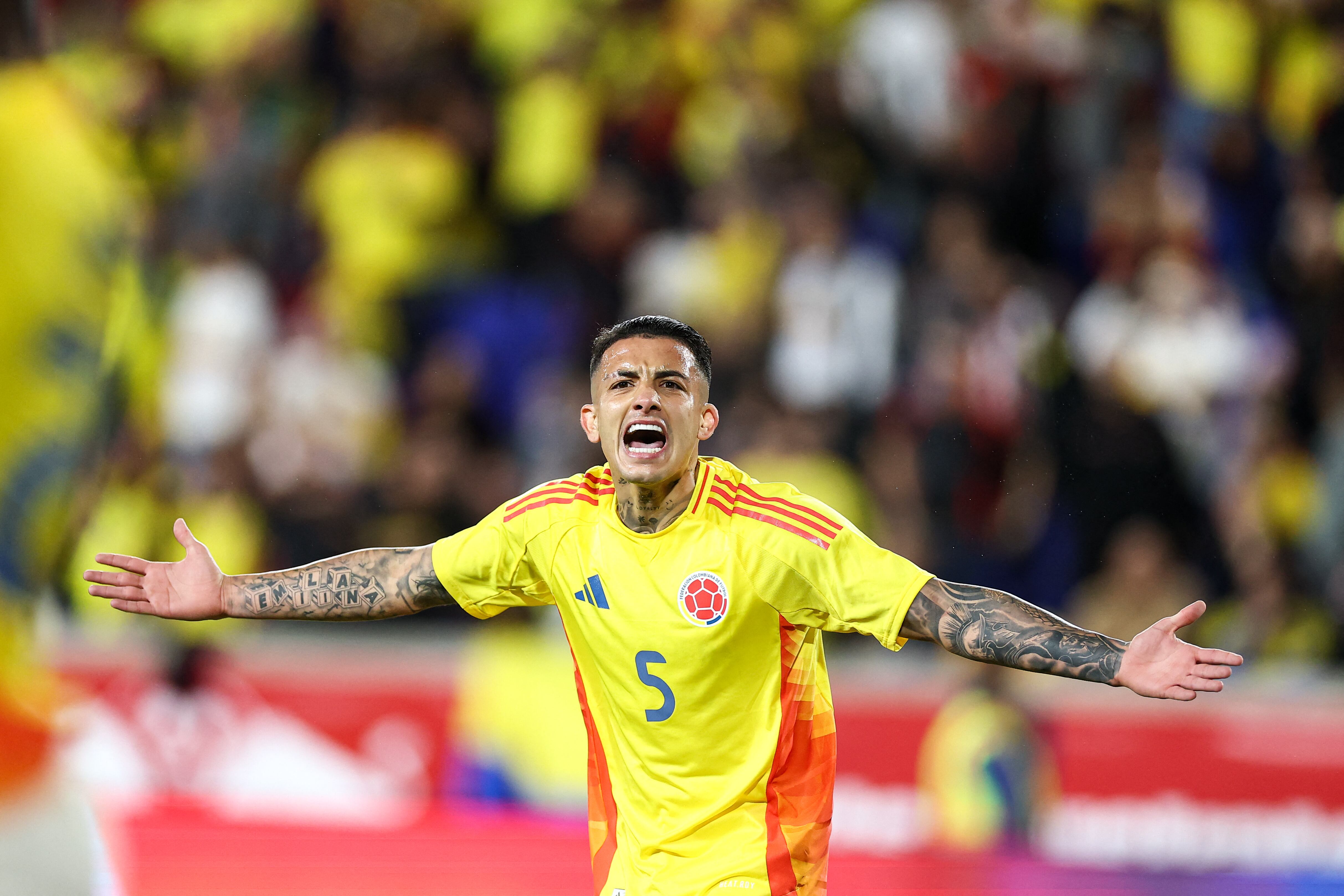Colombia's midfielder #05 Kevin Castano reacts during the international friendly football match between Canada and Colombia at Sports Illustrated Stadium in Harrison, New Jersey, on October 14, 2025. (Photo by CHARLY TRIBALLEAU / AFP)