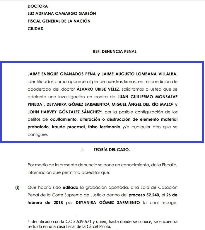 El expresidente Uribe denunció a Juan Guillermo Monsalve y al abogado Miguel Ángel del Río.