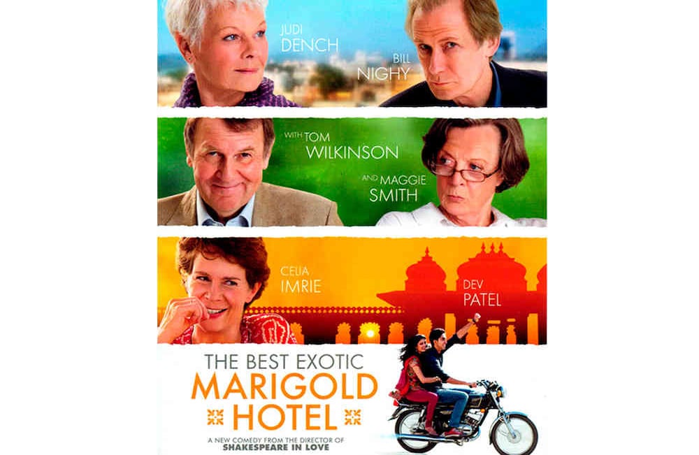 El exótico hotel Marigold 2011: Judi Dench, Maggie Smith, Bill Nighy y Tom Wilkinson representan a un grupo de ancianos que, atraídos por la India, deciden ir a descansar en medio de los lujos y paisajes atractivos del hotel Marigold. Al llegar se topan con otra realidad. Sin embargo, con el pasar de los días todos crearán nuevas amistades y disfrutarán más de lo esperado. 