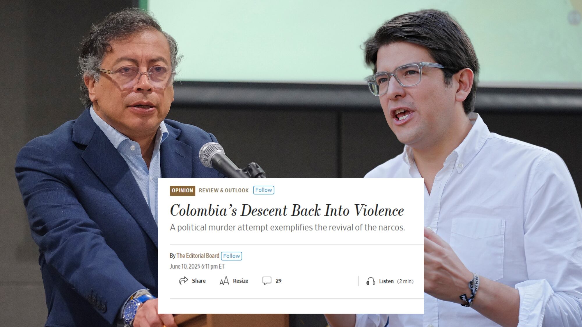 Gustavo Petro y Miguel Uribe, junto a la editorial del Wall Street Journal.