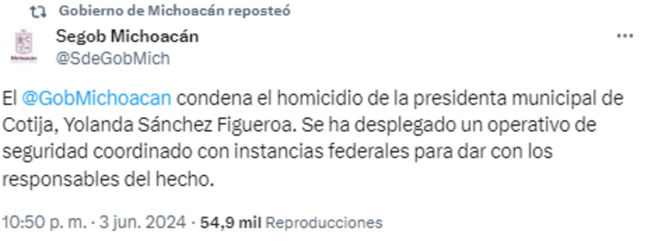 La cuenta oficial del Gobierno de Michoacán aseguró que se está adelantando un proiceso de investigación para esclarecer los hechos