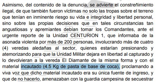 En este otro documento firmado por el general Federico Mejía, insiste en que la sustancia encontrada al capturado era posiblemente pasta base de cocaína.
