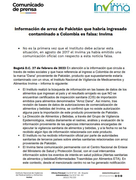 Comunicado del Invima que desmiente circulación de arroz contaminado.