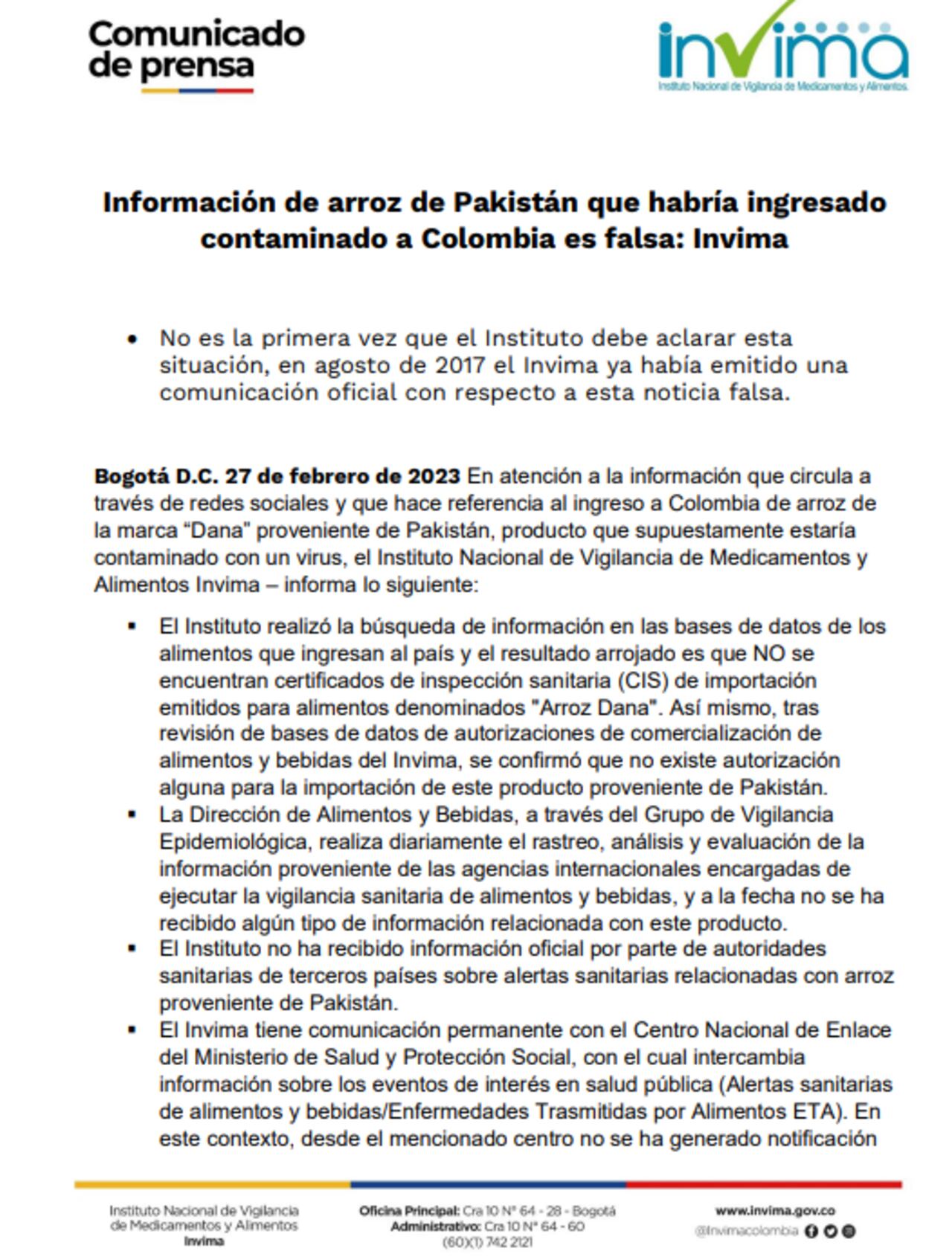 Comunicado del Invima que desmiente circulación de arroz contaminado.