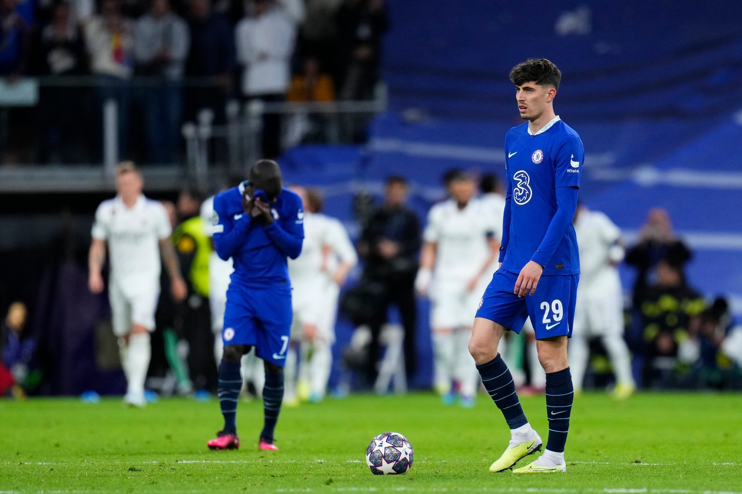 Chelsea's Kai Havertz reacts after the second goal of Real Madrid during the Champions League quarterfinal, first leg, soccer match between Real Madrid and Chelsea at the Santiago Bernabeu stadium in Madrid, Spain, Wednesday, April 12, 2023. (AP Photo/Manu Fernandez)