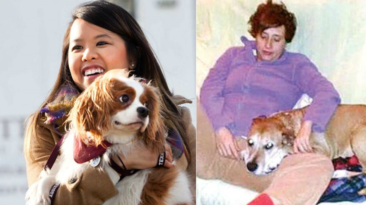 Izquierda: Nina Pham sostiene a su perro, Bentley, tras salir de un hospital en Dallas (EE. UU.), primero de noviembre, 2014. Derecha: Foto de archivo de la española Teresa Romero y su perro, Excalibur, sacrificado el 8 de octubre, 2014.