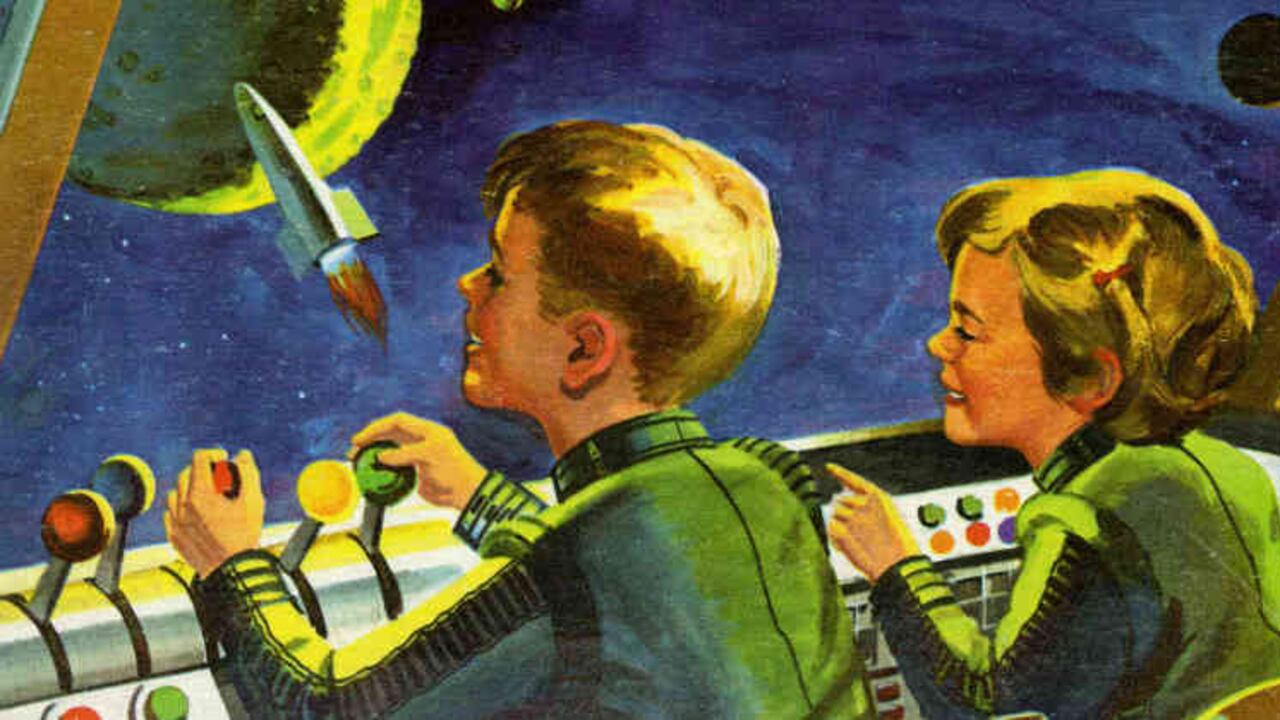 Dibujo de una nave espacial de los años cincuenta.