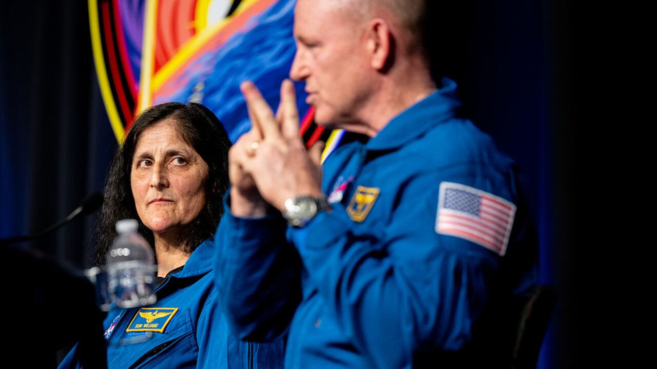 HOUSTON, TEXAS - MARCH 31: (L-R) Astronauts Sunita "Suni" Williams, and Barry "Butch" Wilmore speak during a news conference at the NASA Johnson Space Center on March 31, 2025 in Houston, Texas. Williams and Wilmore answered questions regarding their SpaceX Crew-9 mission and extended time on the International Space Station. The two astronauts were launched to the ISS aboard a Boeing Starliner spacecraft for a scheduled eight-day mission in June 2024. After spacecraft malfunctions the pair were directed to stay, prolonging the mission nine months. They returned to Earth on March 18 aboard a SpaceX Dragon spacecraft. (Photo by Brandon Bell/Getty Images)
