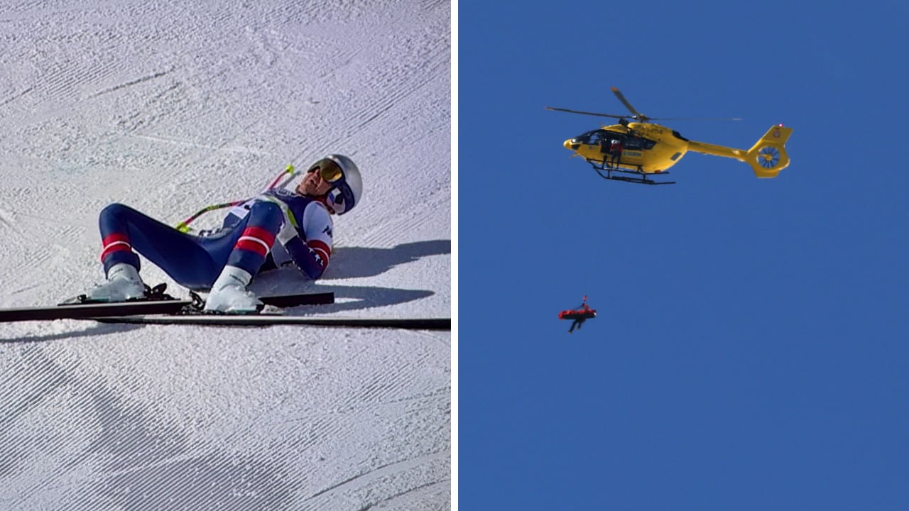 Instante de la caída de Lindsey Vonn y su salida en helicóptero de los Juegos Olímpicos de Invierno.