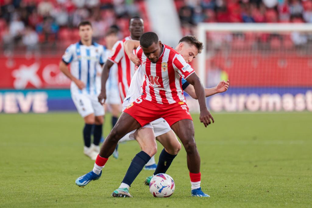SEVILLE, SPAIN - NOVEMBER 11: Sergio Akieme of UD Almeria battle for the ball during the La Liga EA Sports match between UD Almeria and Real Sociedad at Power Horse Stadium on November 11, 2023 in Almeria, Spain. (Photo by Jose Luis Contreras/Dax Images/NurPhoto via Getty Images)