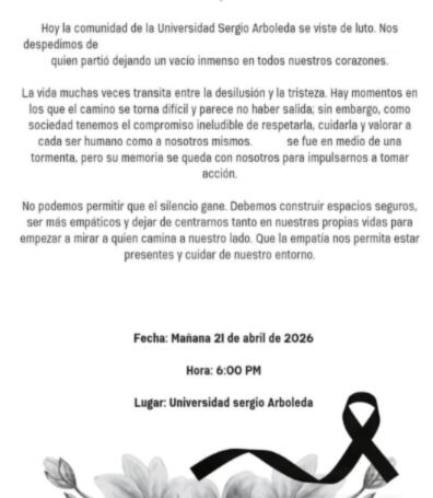 Velatón en honor a la estudiante que murió en la sede principal de la Sergio Arboleda.